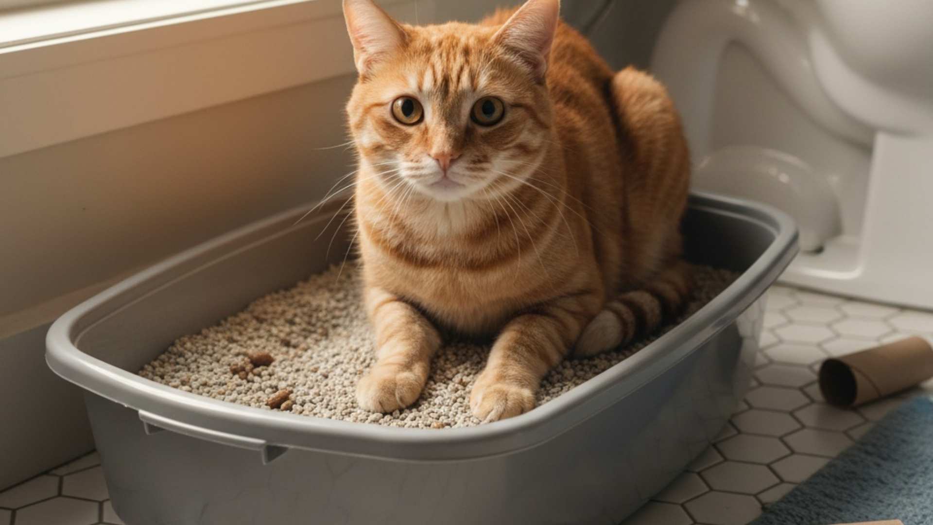 gato en el arenero preocupado